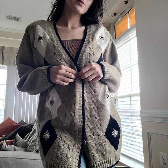 Vtg Alfred Dunner Argyle Sweater Cardigan Sz L Oldmoney Academia - Picture 1 of 5